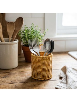 Artisan Cappadocia Yuvarlak Hasır Dokulu Plastik Rattan Kaşıklık &amp;amp; Çatallık – Askılı Kendiliğinden Tutmalı Çok Amaçlı Mutfak Organizeri (5639)