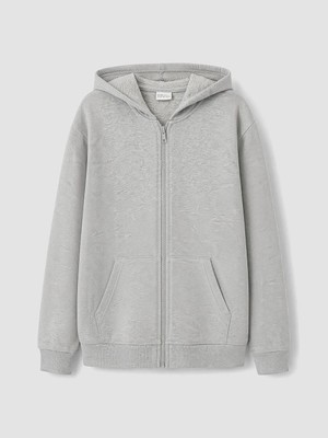 LC Waikiki Kapüşonlu Erkek Çocuk Sweatshirt Gri Dropsuz Model Önden Fermuarlı