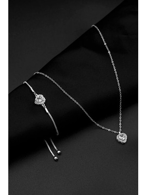 C&On Design Gümüş Kaplama Zirkon Taşlı Kalp Charm Model Kadın Kolye ve Bileklik Seti