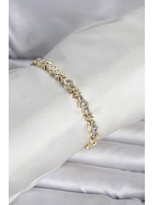 Pirinç Gold Renk Petek Model Zirkon Taşlı Kadın Bileklik