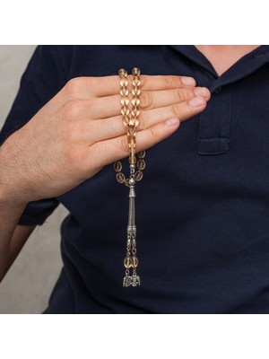 Fm 💎 Premium Parlak Eskitmeli Metal Püsküllü Şeffaf Sıkma Kehribar Tesbih