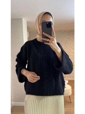 RFK Butik Kadın Sarmal Örgülü Siyah Triko Kazak - Siyah