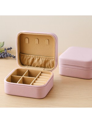 Mini Fermuarlı Takı Kutusu 10X10X5 cm - Suni Deri, 4 Bölmeli