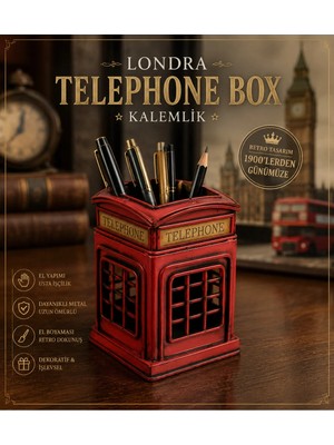 Dekoratif Metal Londra Telephone Box Kalemlik | El Yapımı Retro Masaüstü Organizer