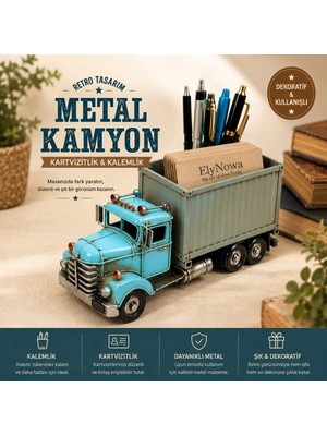 Dekoratif Metal Kamyon Kalemlik & Kartvizitlik | El Yapımı Retro Masaüstü Organizer