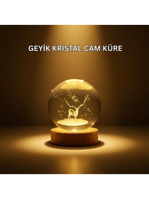 USB Bağlantılı Geyik Temalı Kristal Küre Premium Masa Gece Lambası