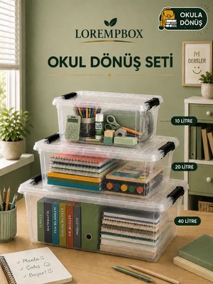 Lorempbox Okul Dönüş Düzenleme Seti 3’lü – 10 L + 20 L + 40 L Şeffaf Kilitli Saklama Kutusu | Ders Kitabı, Defter ve Kırtasiye Düzenleyici