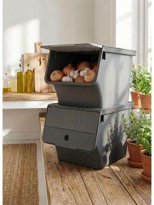 Füme 2'li 33 Lt Modubox Kayar Kapaklı Saklama Kabı & Patates Soğan Kovası & Erzak Kutusu