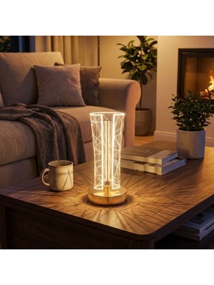 Artisan Cappadocia Iki Yandan Kavisli Silindirik Geometrik Çizgi Model kristal LED Masa Lambası – Dokunmatik, 3 Renk Işık Modlu, Şarjlı Dekoratif Gece Lambası (5639)