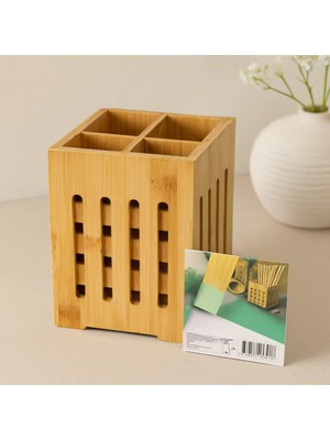 Ahşap Bambu 4 Bölmeli Kaşıklık Organizer (11X11 Cm, Pencereli)