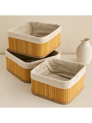 3'lü Kare Organizer Sepet Seti - Bambu Kenarlı Ahşap Taban Bez Astarlı (17X17 / 21X21 / 26X26 cm