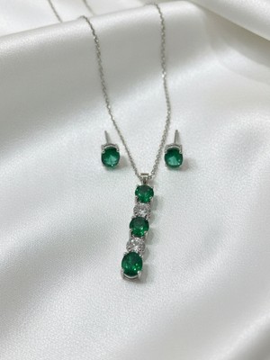 Seyn Accessory Kadın Kararmaz Zümrüt Yeşili Taşlı Pırlanta Işçilikli Kolye Küpe Seti