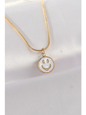 316L Çelik Zincir Altın Renk Mermer Desenli Minimal Smile Kolye