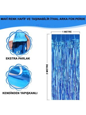 Artisan Cappadocia Mavi Renk Ekstra Metalize Parlak Saçaklı Arka Fon Perde Ithal A Kalite 1x2 Metre (5639)