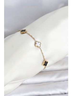 316L Çelik Gold Renk Siyah Beyaz Baby Yonca Model Kadın Bileklik