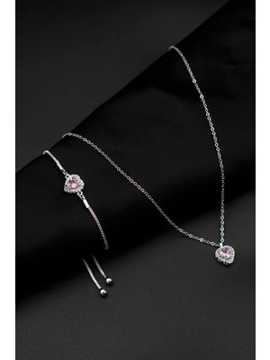 C&On Design Pembe Zirkon Taşlı Kalp Charm Model Kadın Kolye ve Bileklik Ikili Set