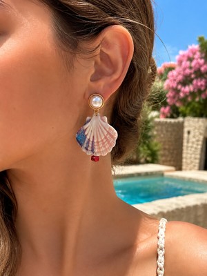 Haki Store Inci Detaylı Pembe Deniz Kabuğu Sallantılı Yazlık Kadın Küpe