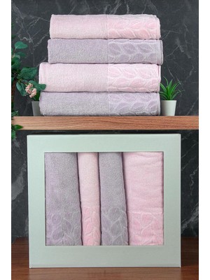 EstoreBox HAZAL%100 Pamuklu Kutulu 4'lü Banyo Havlu Seti Hamam Takımı 50X90-90X150 Gri-Pudra - 00081