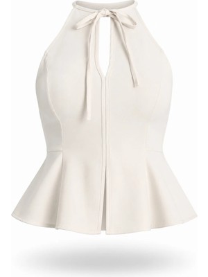 5in1Canpolat Bej Halter Yaka Peplum Bluz 17767