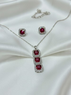 Seyn Accessory Kadın Kararmaz Kırmızı Yakut Taşlı Damla Kesim Şelale Model Kolye Küpe Seti