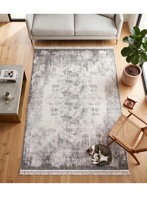Merinos Elegance Serisi %100 Akrilik Eskitme Göbekli  Salon Oturma Odası Halısı Dokuma Makine Halısı  Gri-Antrasit 74429-96