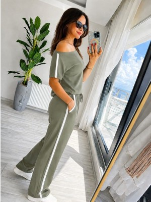 Veraura Lifestyle Kadın Tek Omuzdan Açık Yan Şerit Detaylı Viskon Iki Iplik Bluz ve Pantolon Ikili Takım