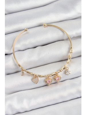 Clariss Pirinç Zirkon Taşlı Pembe Kalp Model Gold Renk Charm Bileklik