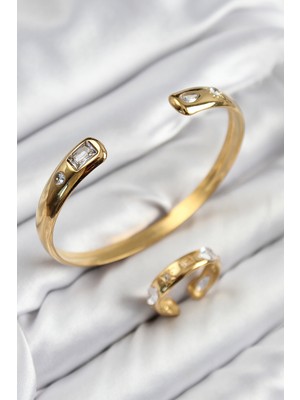 Clariss Pirinç Zirkon Taşlı Ayrık Model Gold Renk Bileklik Yüzük Set