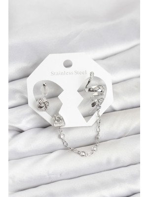 Clariss Pirinç Gümüş Renk Yılan Model Zincir Bağlantılı Ear Cuff Küpe Seti