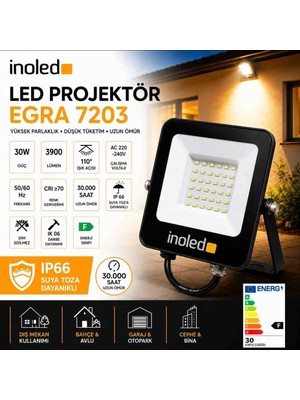 İnoled EGRA LED Projektör 30W - 3900 Lümen IP66 Su Geçirmez Dış Mekan Projektör – Yüksek Aydınlatma, Uzun Ömür, Enerji Tasarruflu