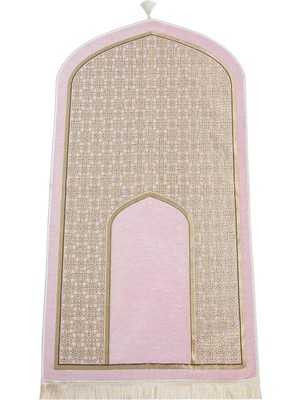 EstoreBox Oval Mihrap Desenli Püsküllü Lüks Şönil Seccade Pembe