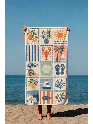 Luvis Store Mediterranean Tiles Akdeniz Karoları Desenli Baskılı Plaj Havlusu