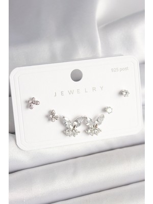 Clariss 925 Ayar Gümüş Çivi Pirinç Zirkon Taşlı Kelebek Model Kadın Küpe Seti
