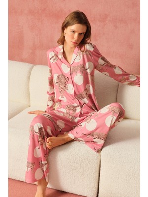 Dagi Pembe Leopar Desenli Pamuk Modal Gömlek Pijama Takımı