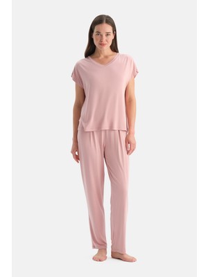 Dagi Açık Pembe V Yaka Siroviskon Tişört Pijama Takımı