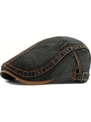 YYB Erkek Kot Gözlük Şapkası  Deri Detaylı Retro Flat Cap  Ayarlanabilir 3 Renk
