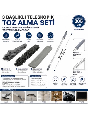 Mersi Shop 3 Başlıklı Teleskopik Toz Alma Seti Uzayan Saplı Mikrofiber Esnek Toz Temizleme Aparatı 205 cm