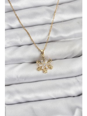 Inure Jewelry 316L Çelik Zincir Gold Renk Kar Tanesi Model Zirkon Taşlı Kadın Kolye