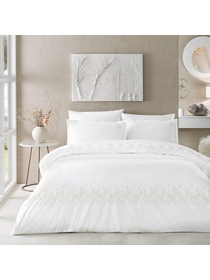 EstoreBox Linens Brode Chıffon Pamuk Çift Kişilik Nevresim Takımı Beyaz