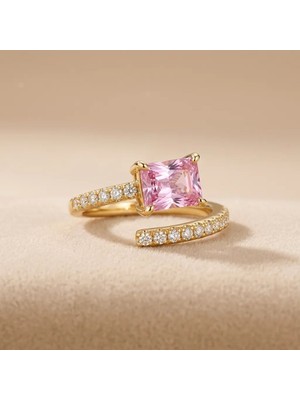 Fashion Ayarlanabilir Kare Kesim Pembe Zirkon Taşlı Kadın Yüzük