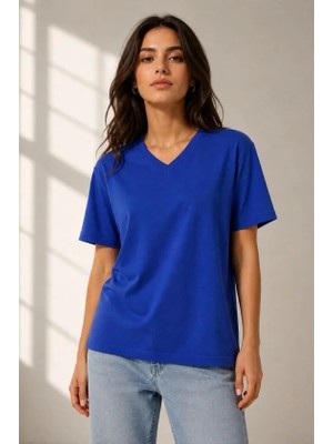 Aselia Global V Yaka Basic Tişört Kısa Kol Yazlık Regular Fit T-Shirt - Saks Mavisi