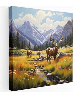 Popcasso Geyik Figürü ile Doğa Manzarası Kanvas Tablo