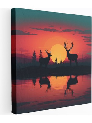 Popcasso Minimalist Günbatımı Geyik Kanvas Tablo Doğa Dijital Sanat