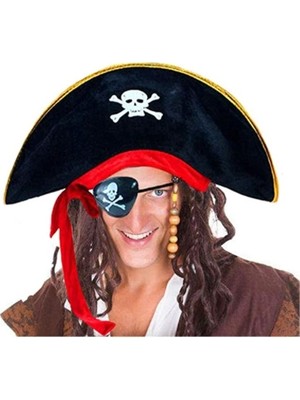 Aesco Yetişkin Boy Kadife Kaptan Jack Sparrow Korsan Şapkası ve Plastik Korsan Göz Maskesi