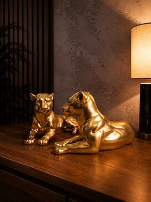 Hediyehanem Panter Aslan Biblo Dekoratif Heykel Gold Modern Salon Ofis Masa Üstü Obje 12,5x9,5x7 cm