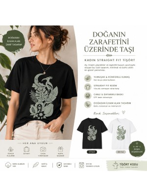 Tişört Kodu Kadın Straight Fit Tişört – Ay ve Tropik Doğa Tasarımlı Minimal Baskı
