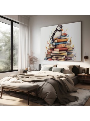 Popcasso Masal Dünyası Kitap Aşığı Penguen Kanvas Tablo Sulu Boya Tasarımı
