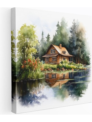 Popcasso Göl Evi Manzarası Kanvas Tablo - Rustik Huzur Dolu Kulübe