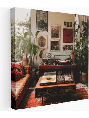 Popcasso Retro Plak Çalar Kanvas Tablo - Vintage Tarzda Ev Aksesuarı