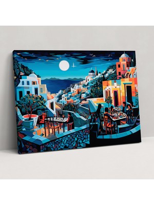 Popcasso Santorini Manzarası Pop Art Mozaik Kanvas Tablo - Gece Hayatı Temalı Duvar Tablosu